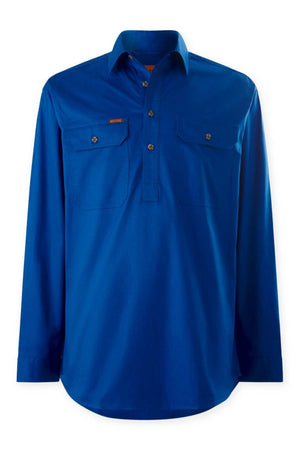 The Mustang Signature Closed Front Workshirt is a men's long-sleeve button-up in solid bright blue, featuring two chest pockets and a collar, made from durable cotton and shown against a plain white background.