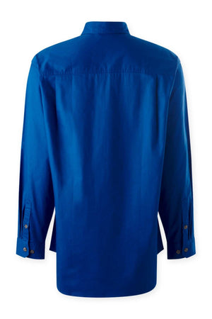 The Mustang Signature Closed Front Workshirt is a royal blue men's long-sleeve cotton shirt, shown from the back, with button cuffs and a classic collar.