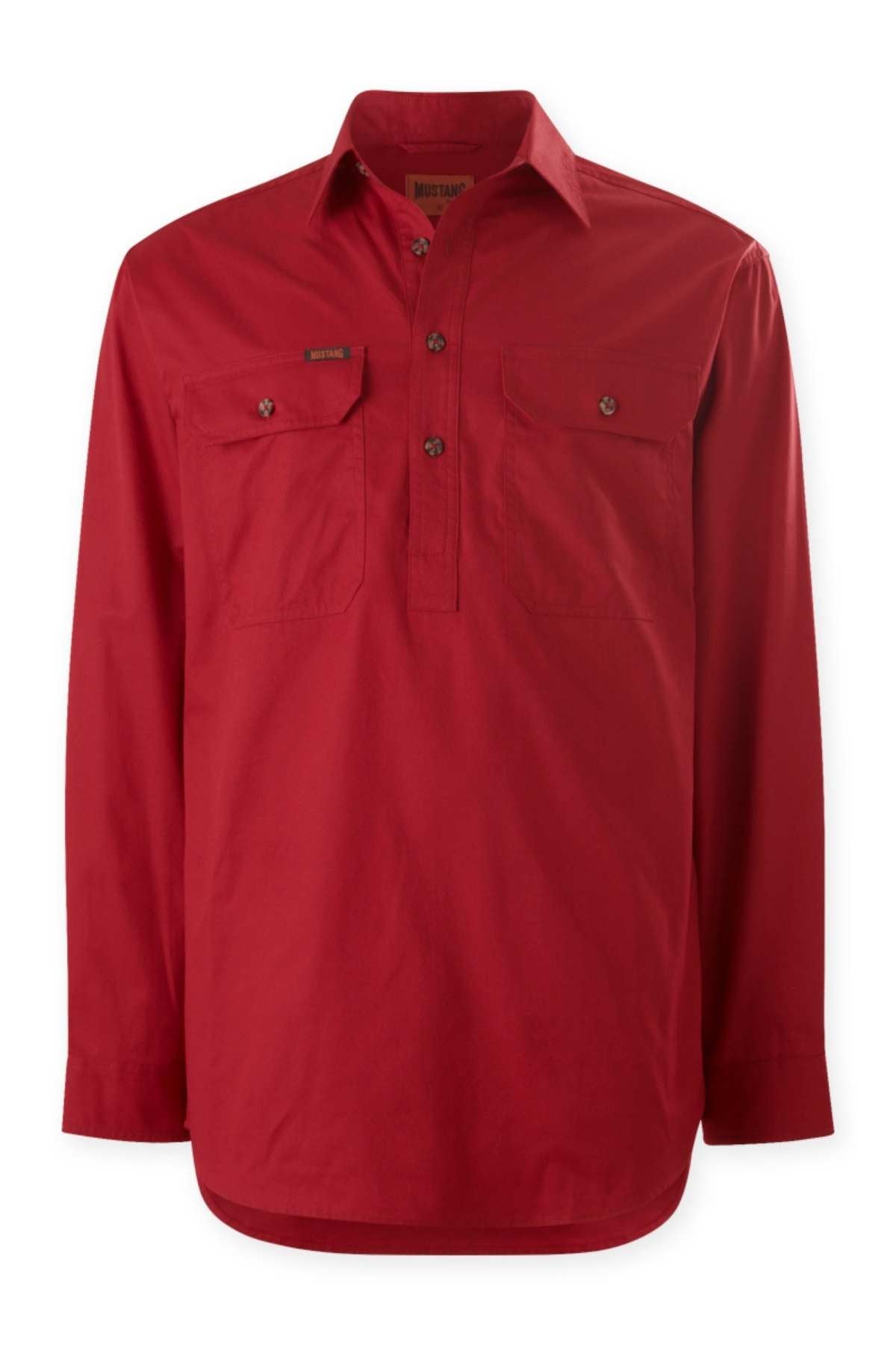 The Mustang Signature Closed Front Workshirt is a long-sleeve red shirt with a collar and two chest pockets, each featuring button flaps. It has a half-button front placket and is crafted from smooth, lightweight cotton fabric, making it ideal for durable workwear.