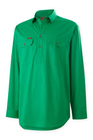 The Mustang Signature Closed Front Workshirt is a bright green men's cotton shirt with long sleeves, two chest pockets, a collar, and a closed front, shown on a plain white background.