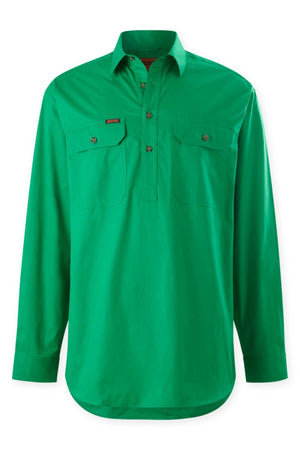 The Mustang Signature Closed Front Workshirt is a bright green men's cotton shirt with long sleeves, a button-up front, two chest pockets, and a collar, shown on a white background.