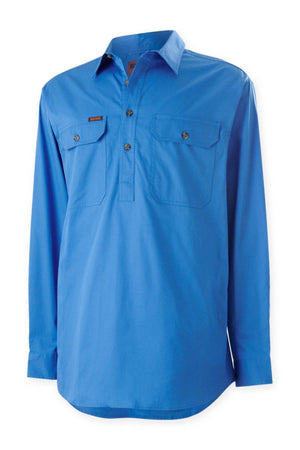 The Mustang Signature Closed Front Workshirt is a blue long-sleeve men's shirt made from lightweight cotton. It features a collar, two chest pockets with buttoned flaps, and a partial front button placket, combining durability with style and practicality.