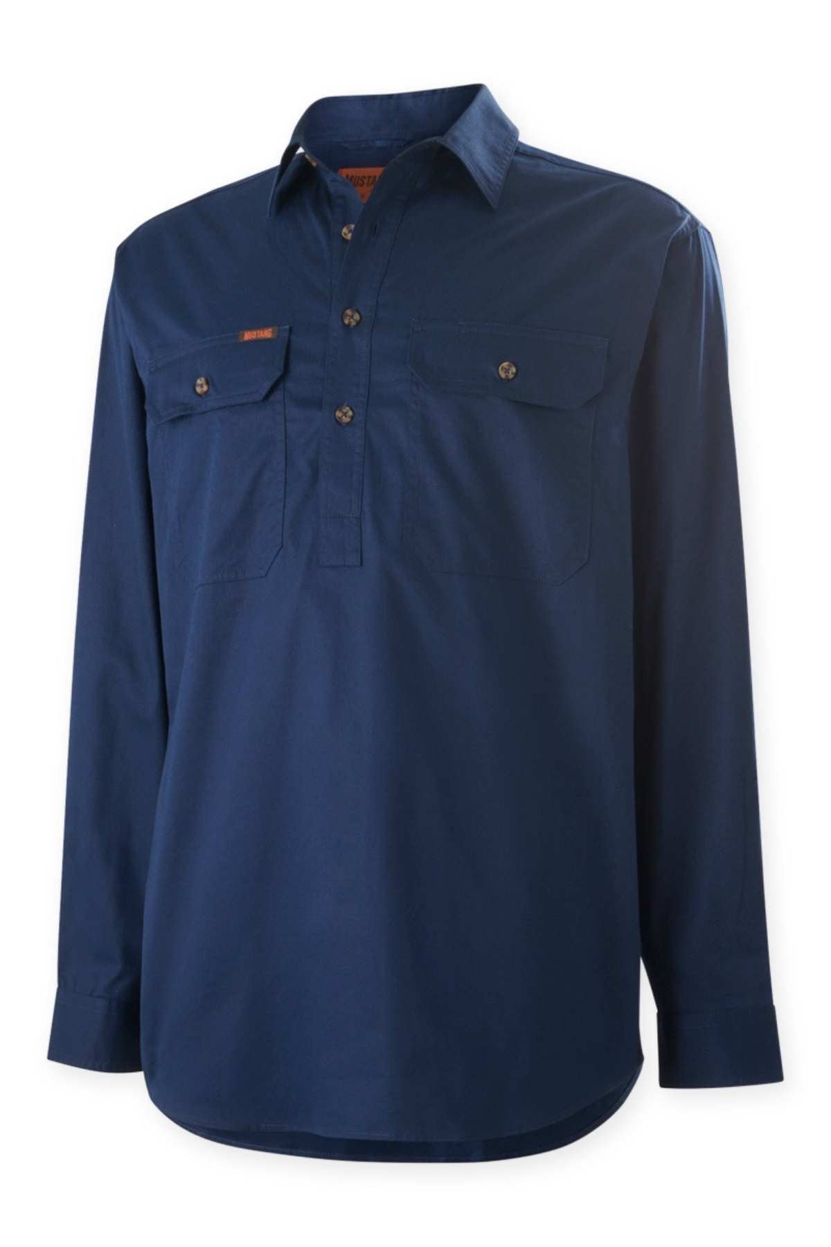 The Mustang Signature Closed Front Workshirt is a men's long-sleeve, button-up shirt in dark blue, made from durable cotton. It features a classic silhouette with two buttoned chest pockets and a collar, shown against a white background.
