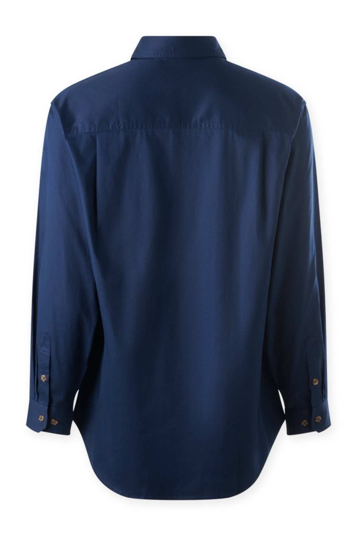The Mustang Signature Closed Front Workshirt for men is shown from the back in navy blue, featuring a classic silhouette with collar and cuffs. Made of sturdy cotton, this long-sleeve button-up offers a smooth finish and timeless style.