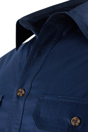 Close-up of the Mustang Signature Closed Front Workshirt in navy blue, showing its classic silhouette, sturdy cotton fabric, brown buttons, visible chest pocket, detailed stitching, and smooth texture.