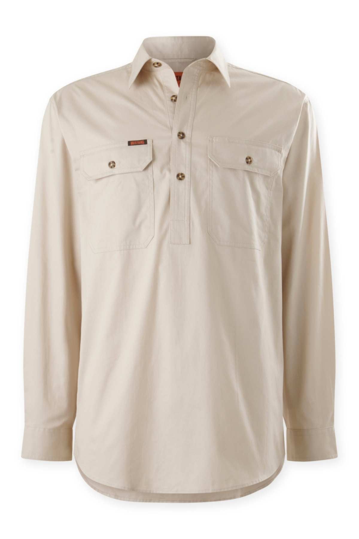 The Mustang Signature Closed Front Workshirt is a beige, long-sleeved men's workshirt with a collar and three buttons at the neckline. It features two chest pockets with button closures, durable cotton fabric, buttoned cuffs, and a small tag on the left chest pocket.
