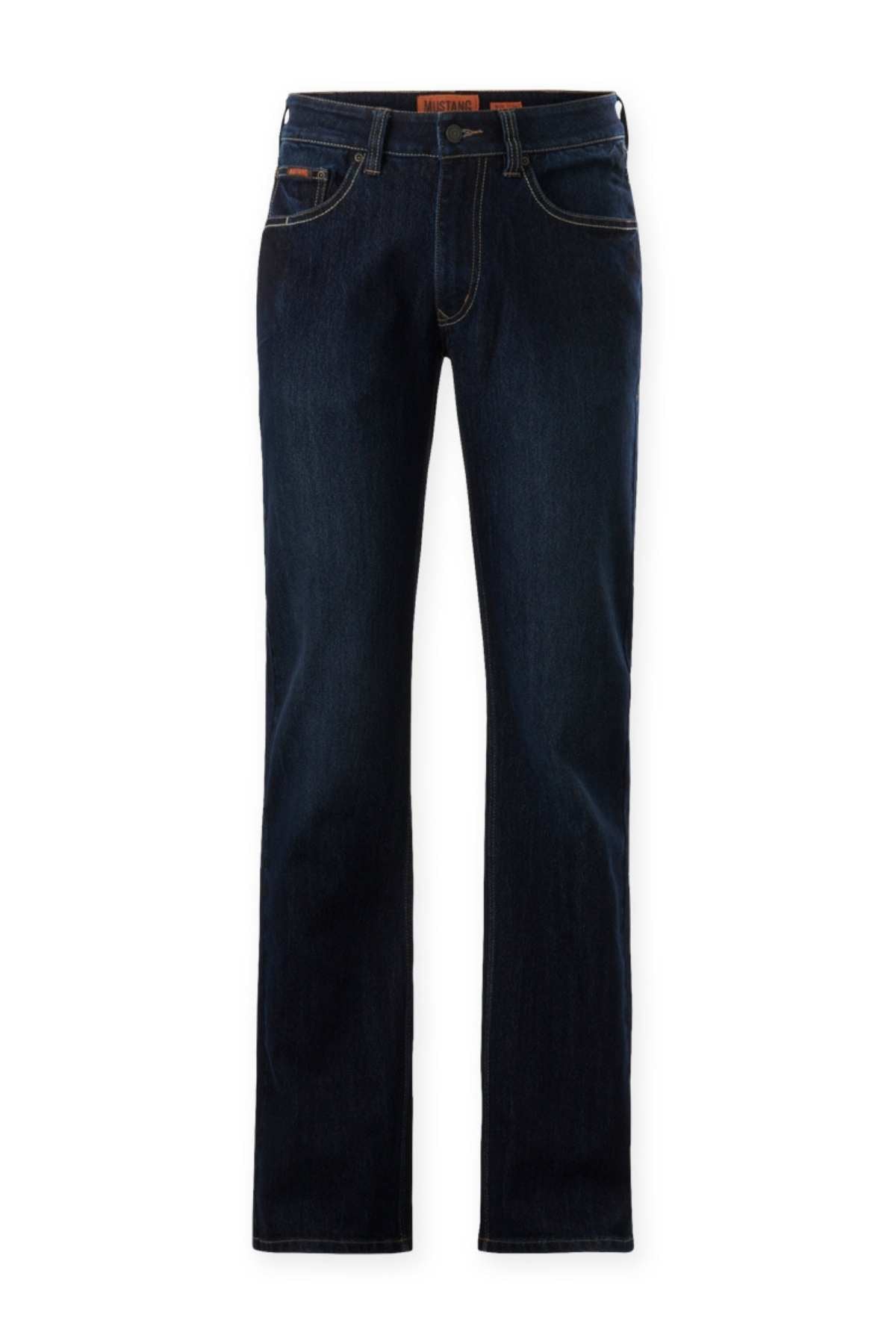 A pair of Mustang Signature Mens Jeans in dark blue, featuring a classic fit, straight legs, and five-pocket styling, crafted from premium denim and shown on a white background.