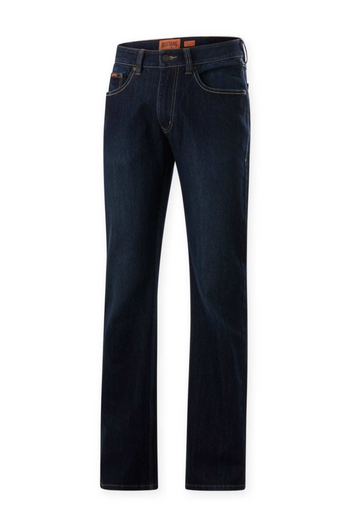 A pair of Mustang Signature Men’s Jeans in dark blue, straight-leg style, crafted from premium denim with orange stitching and a small brown waistband label. Features front and back pockets; appears new and unworn.