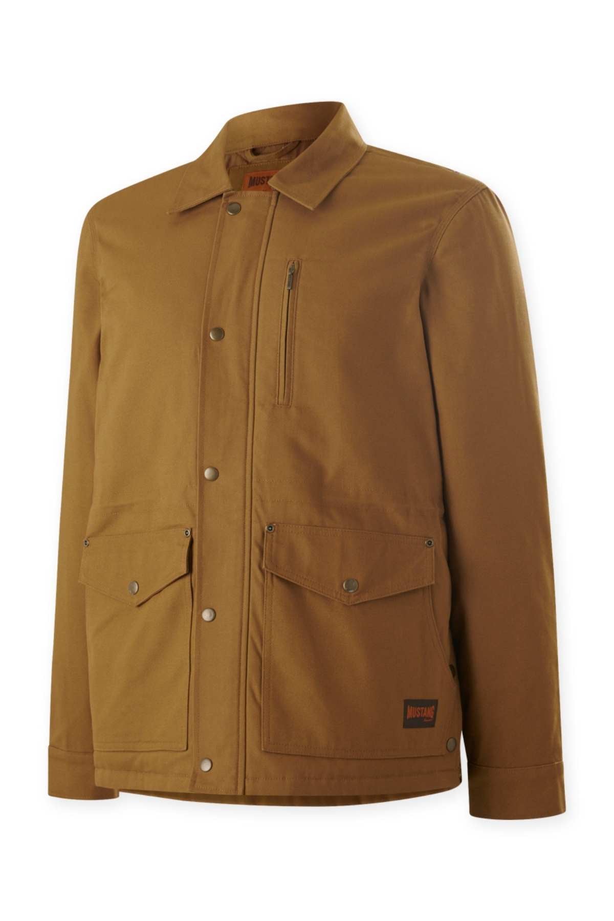 Discover the Mustang Signature Outback Canvas Jacket: crafted from robust canvas in brown, featuring long sleeves, a collar, a front zip pocket, two buttoned flap waist pockets, snap buttons down the front, and a small logo patch on the bottom right pocket for superior protection.