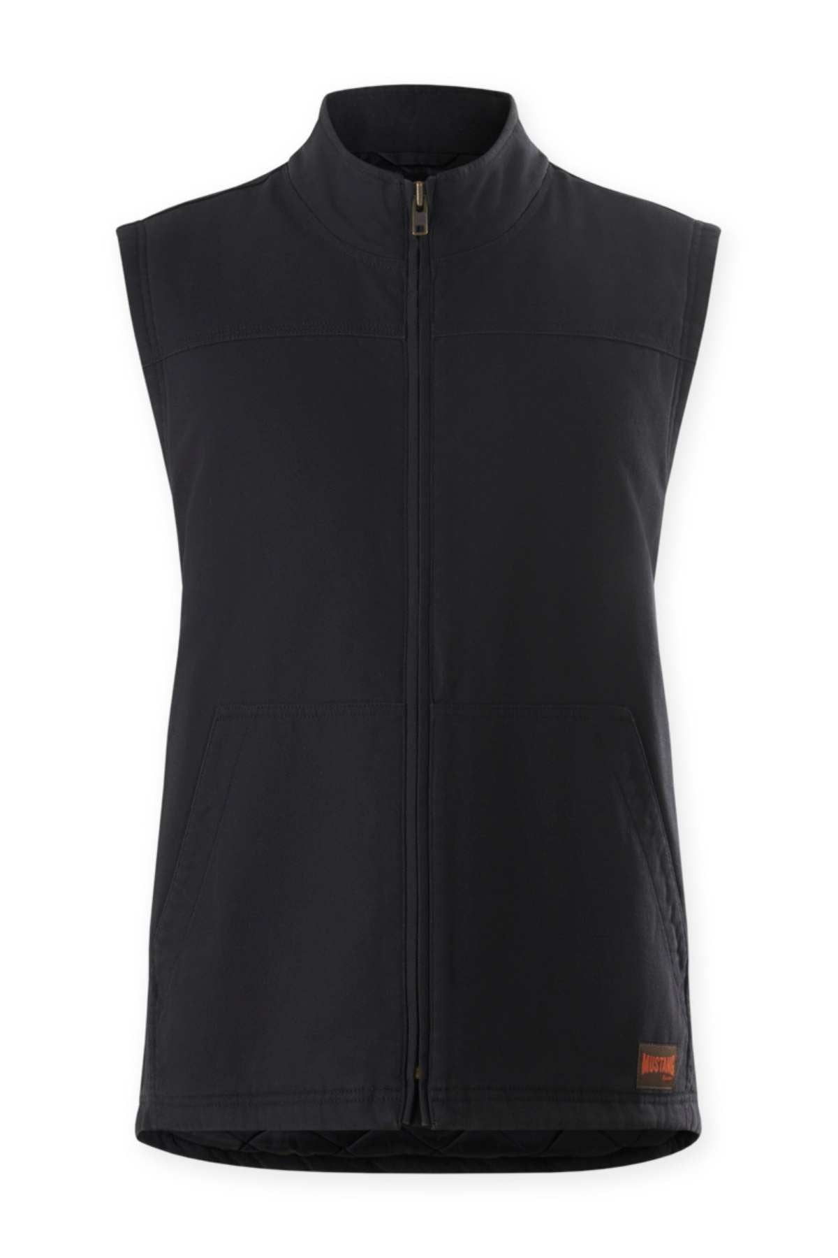 A black, sleeveless vest with a full front zipper and two side pockets. The Mustang Signature Outback Canvas Vest features a high collar and is made from durable canvas material. It includes a small, rectangular logo patch near the bottom hem on the left side, emphasizing its functional design.