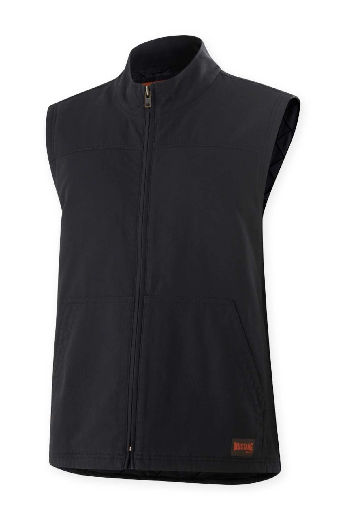 A black, sleeveless Mustang Signature Outback Canvas Vest is displayed against a white background. It features a high collar, front zipper, and two side pockets. The durable canvas material provides a rugged appearance with functional elements, including a small brown patch with the word "MUSTANG" on the lower left side near the hem.