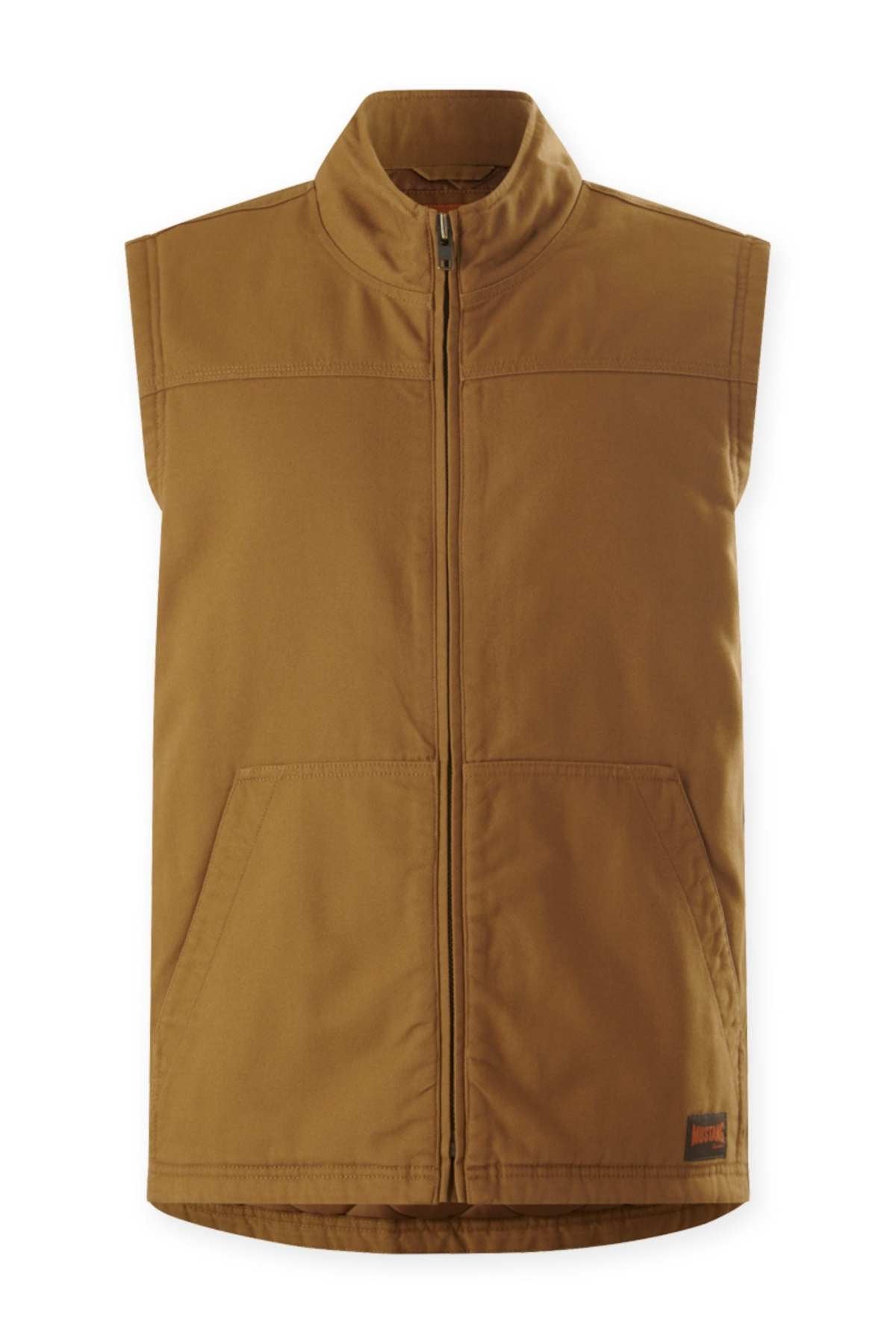 The Mustang Signature Outback Canvas Vest in brown features durable canvas, a high collar, front zipper, two large front pockets, and a small rectangular brand tag near the bottom hem.
