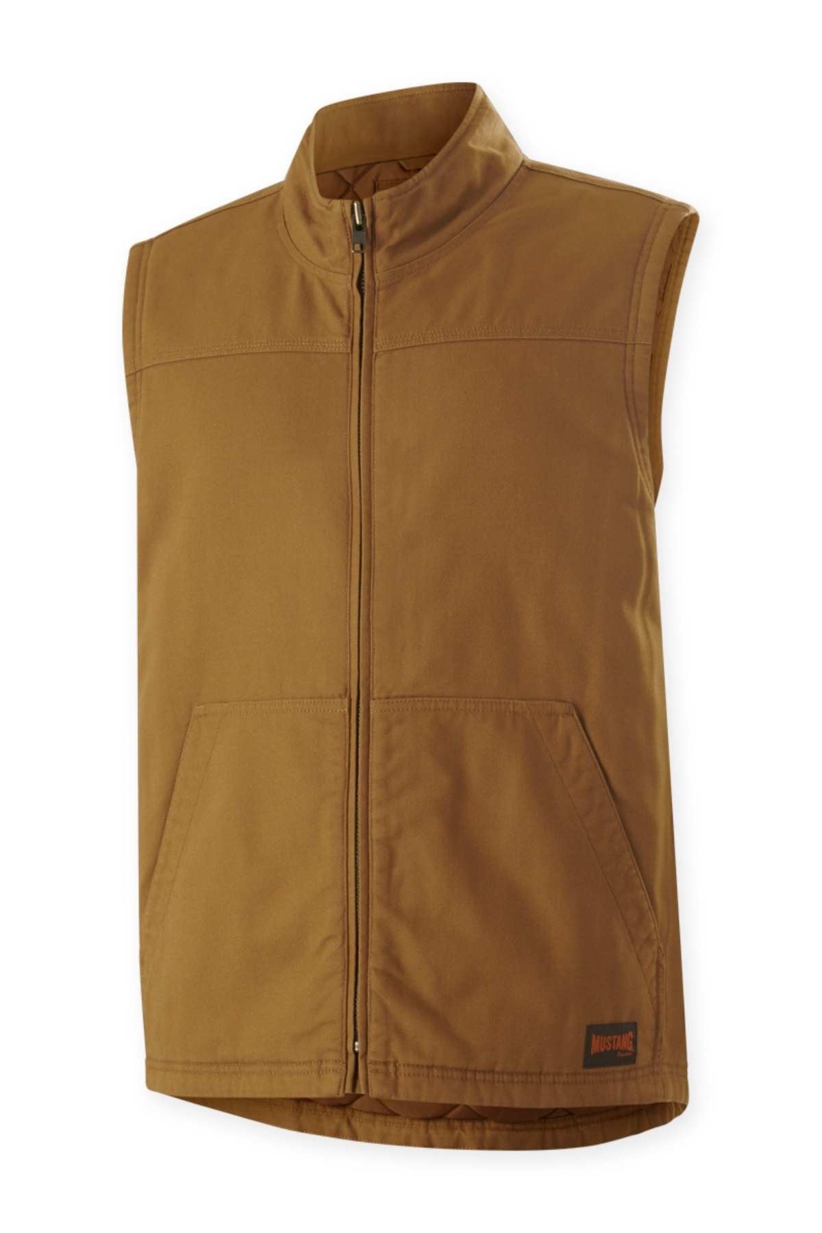 The Mustang Signature Outback Canvas Vest is a brown men's vest made from durable canvas with a front zipper, two large front pockets, a small Mustang patch, high collar, and rugged sleeveless design.