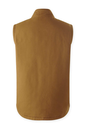 The Mustang Signature Outback Canvas Vest for men is displayed from the back in brown against a white background, highlighting its collar, rounded hem, and rugged canvas construction.