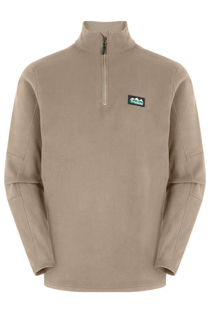 The Ridgeline Narvik Fleece is a tan quarter-zip pullover with long sleeves, high collar, left chest patch logo, and soft fabric—ideal for outdoor adventures or casual wear.