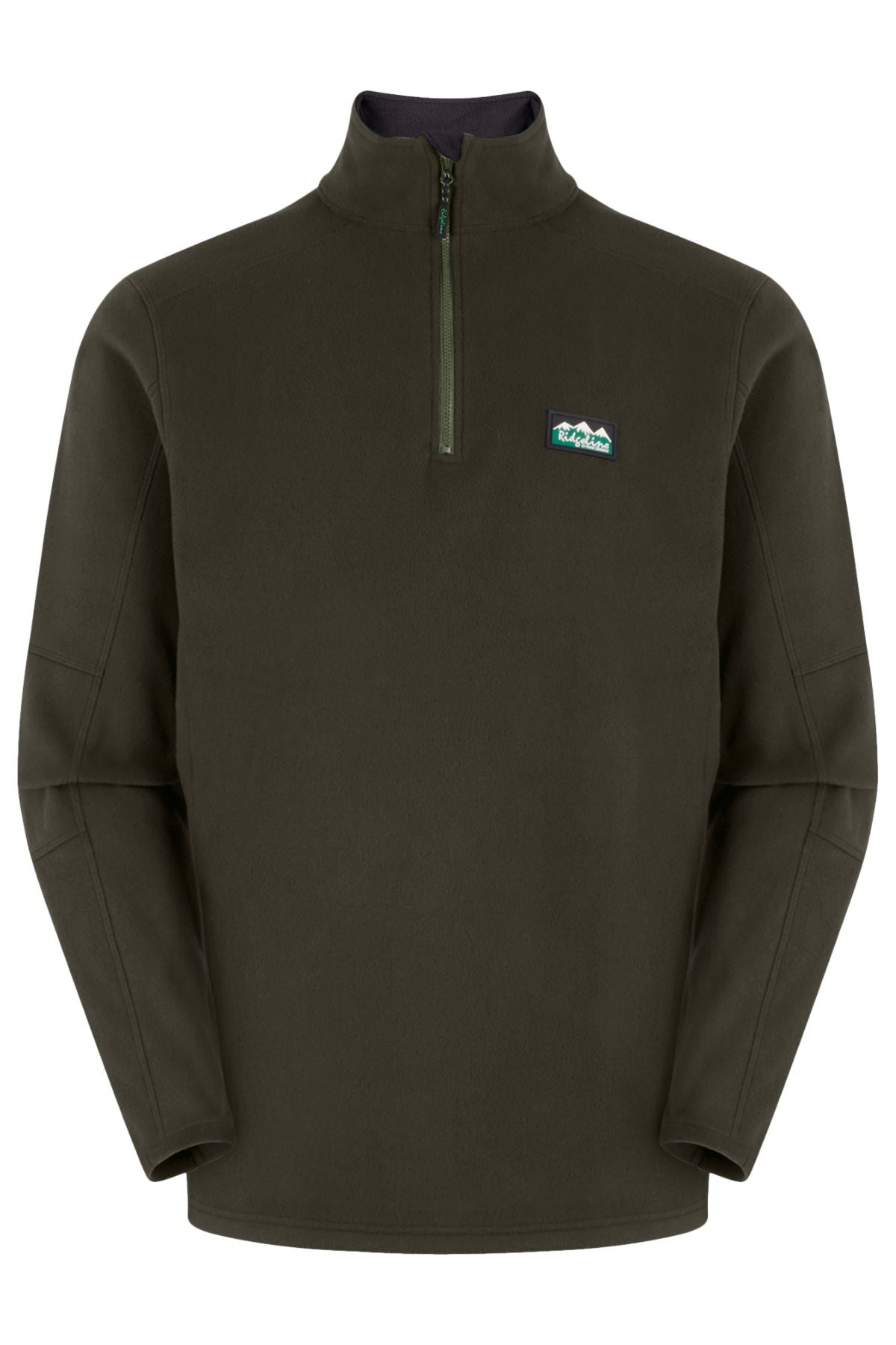 The Ridgeline Narvik Fleece is a dark green, lightweight pullover featuring a half-zip front, stand-up collar, long sleeves, and a mountain patch on the chest for outdoor performance in a simple, clean design.