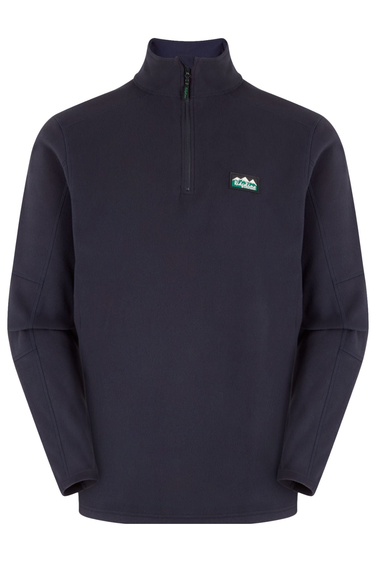 The Ridgeline Narvik Fleece is a navy blue quarter-zip long-sleeve pullover with a green and white embroidered mountain patch on the left chest—perfect as a lightweight zip-neck fleece for outdoor adventures.