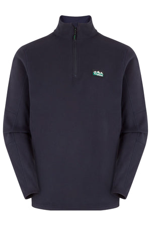 The Ridgeline Narvik Fleece is a navy blue quarter-zip long-sleeve pullover with a green and white embroidered mountain patch on the left chest—perfect as a lightweight zip-neck fleece for outdoor adventures.