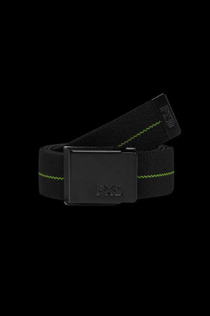 The FXD CB-2 Stretch Canvas Work Belt features a black stretch canvas, a black rectangular buckle, and a subtle green diagonal stitch along its length, shown against a solid black background.