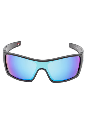 A front view of Oakley Batwolf sunglasses in black with a blue mirrored single lens, displayed against a white background.