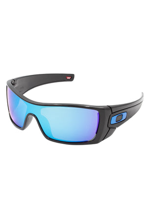 The Oakley Batwolf sunglasses feature blue mirrored single lenses and a blue logo on the arms, shown against a white background.