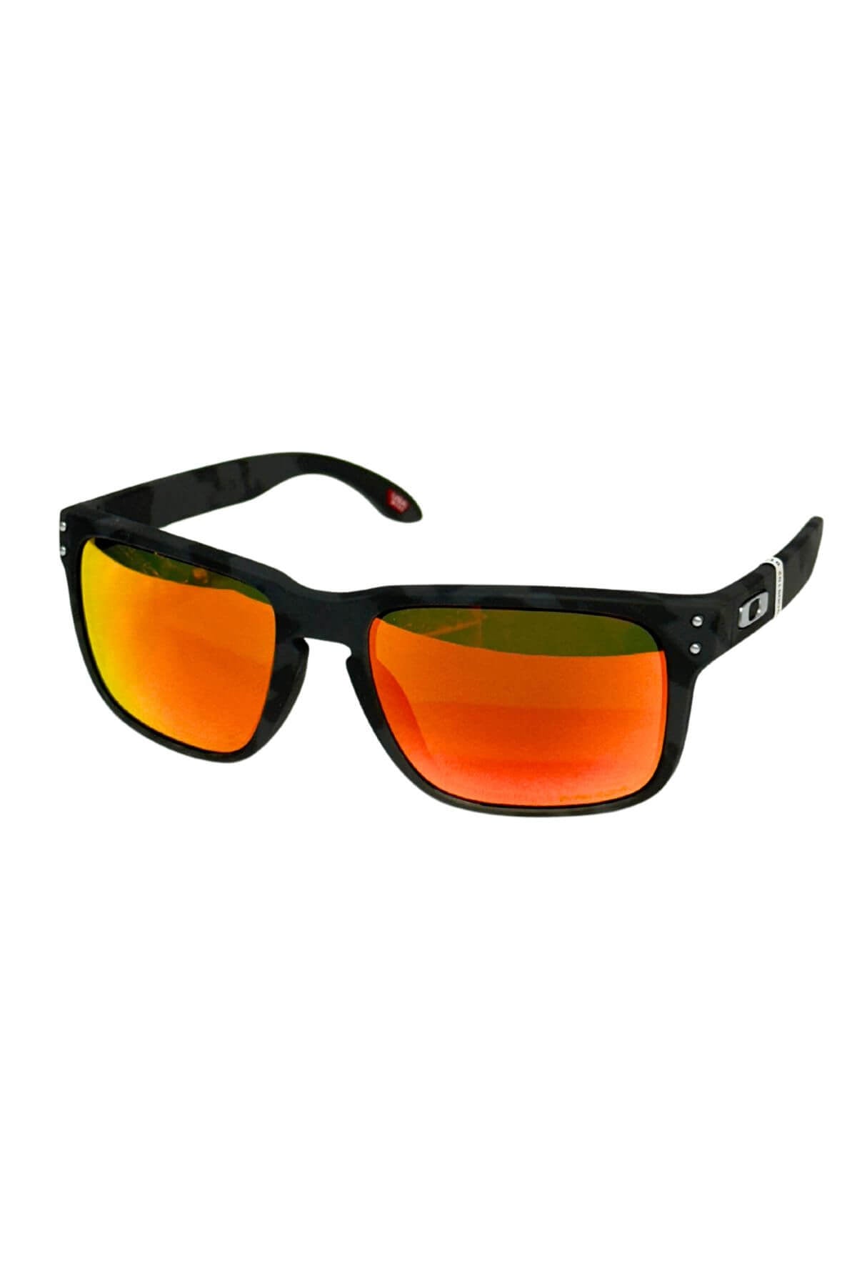 The Oakley Holbrook sunglasses have rectangular frames made from lightweight O Matter and reflective orange-yellow lenses, offering superior optical performance and style.