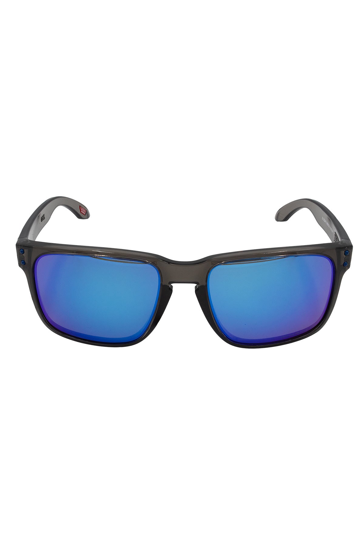 Oakley Holbrook XL Polarized rectangular sunglasses with dark frames and blue mirrored lenses, shown on a white background.