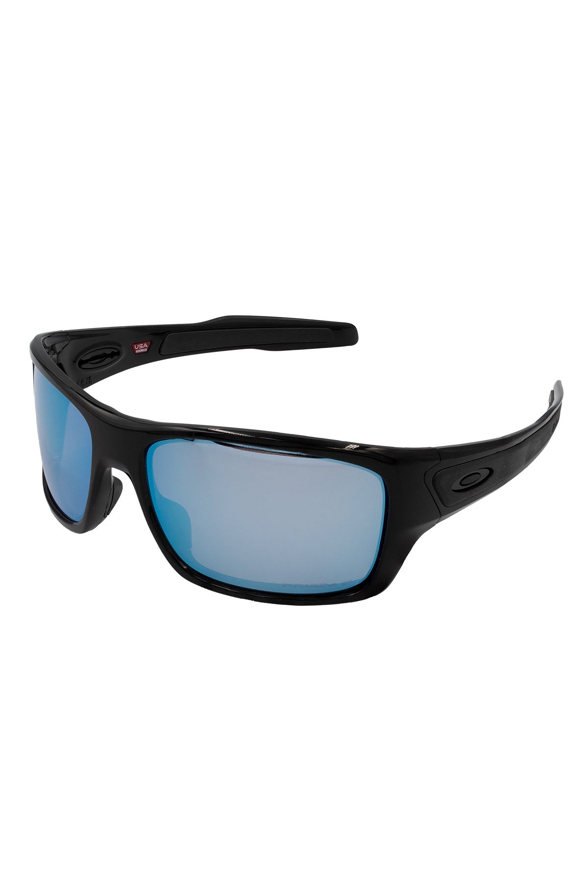 The Oakley Turbine sunglasses feature a sleek, sporty black wraparound frame with blue tinted lenses and the Oakley logo on the arms.