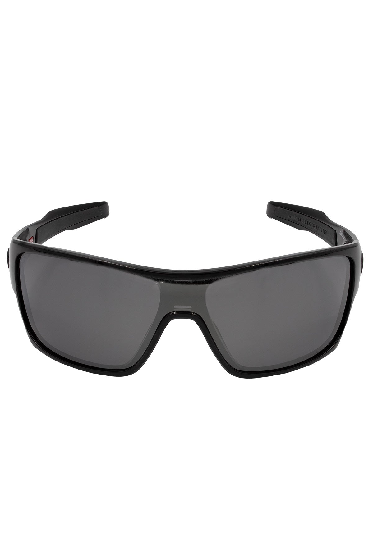 Front view of Oakley Turbine Rotor sunglasses featuring black wraparound style, dark tinted lenses, and thick plastic frames.