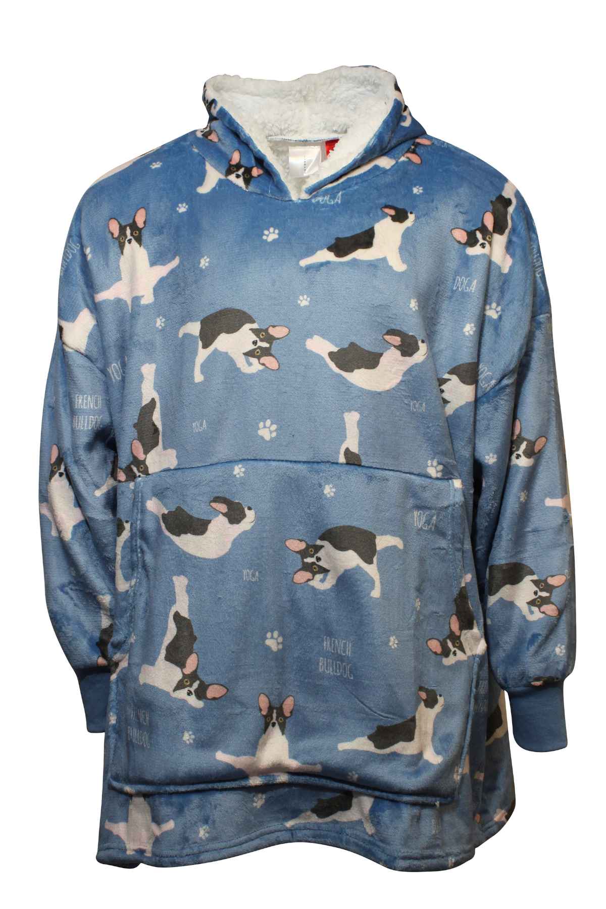 The Odyssey Adult Snoogie is an oversized blue hooded sweatshirt with a front pocket, featuring French Bulldogs and white paw prints. Made of soft flannel with a cozy polyester sherpa lining for added warmth.