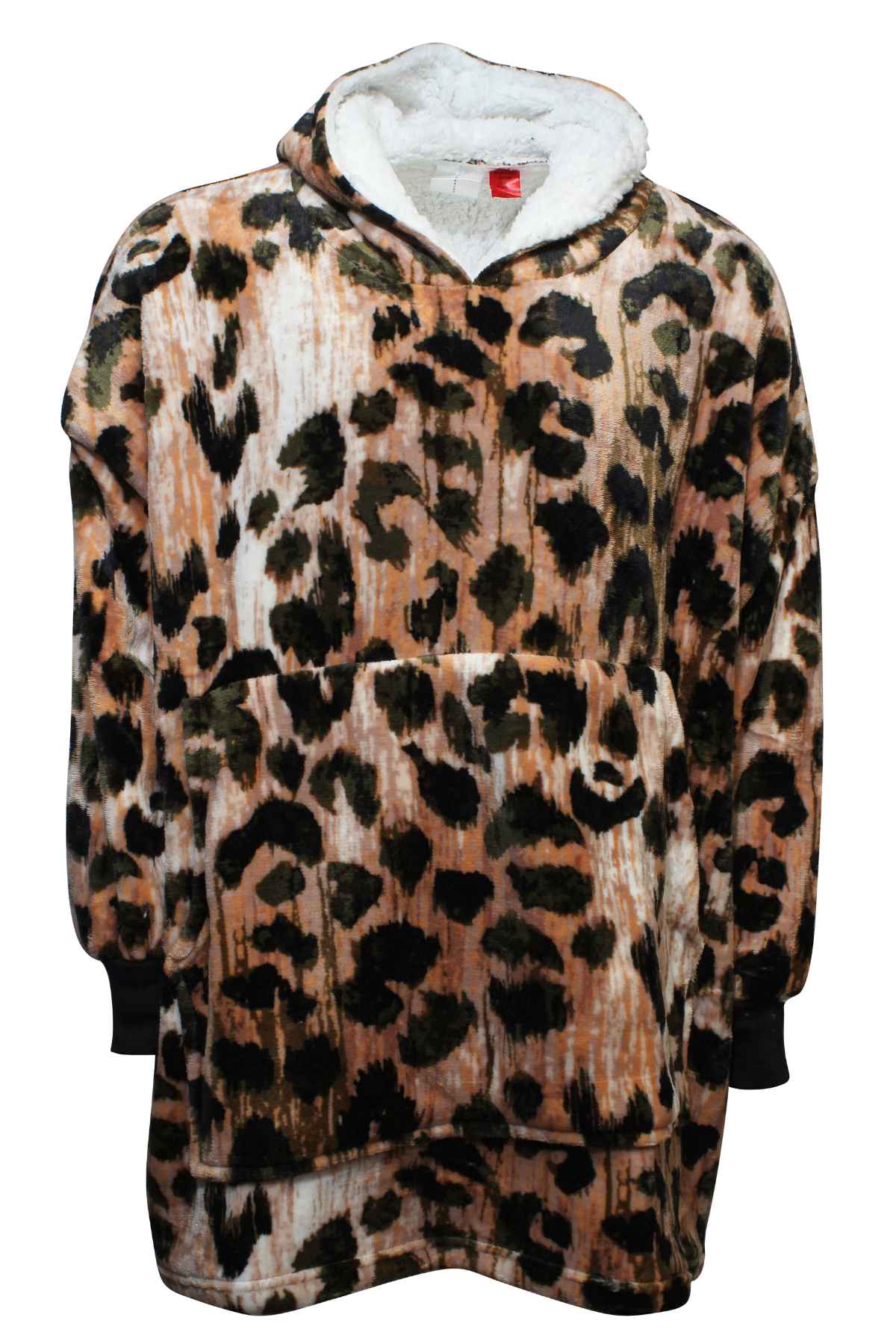 The Odyssey Adult Snoogie is a cozy, oversized sweatshirt with a soft sherpa lining and leopard print in black, brown, and tan. It features long sleeves and a large front pocket for ultimate comfort.