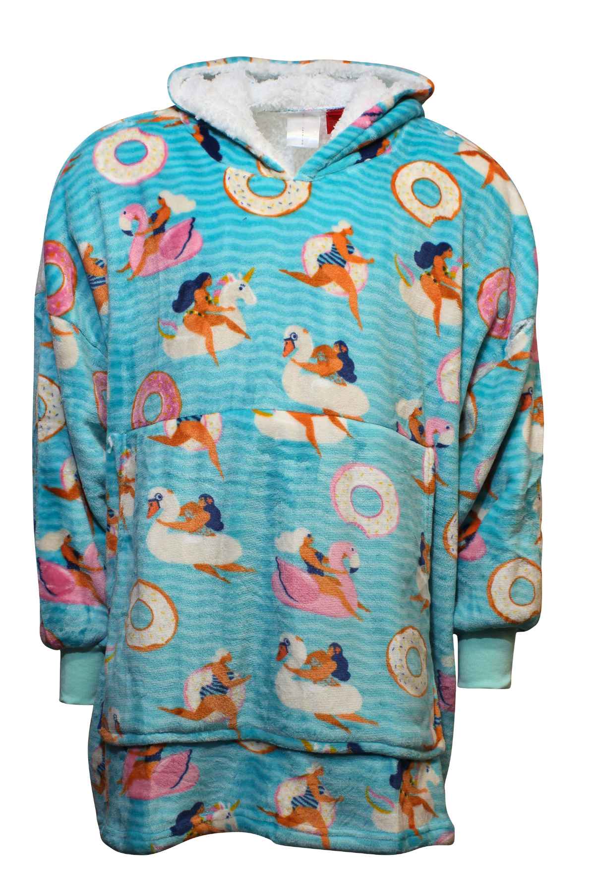 The Odyssey Adult Snoogie is a cozy hooded blanket with a blue background featuring a playful pattern of galloping unicorns, swans, and donuts. Made from super soft flannel and cosy polyester sherpa, it boasts a fluffy white lining inside the hood and long sleeves for maximum comfort.