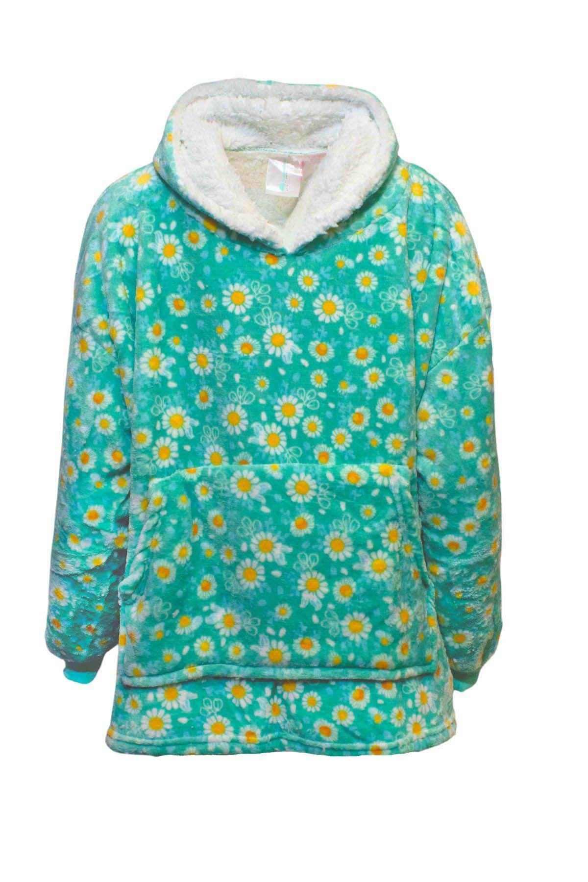 The Odyssey Kids Snoogie is a cozy oversized hoodie with a green background, white and yellow daisy pattern, a large front pocket, and a white fuzzy hood lining.