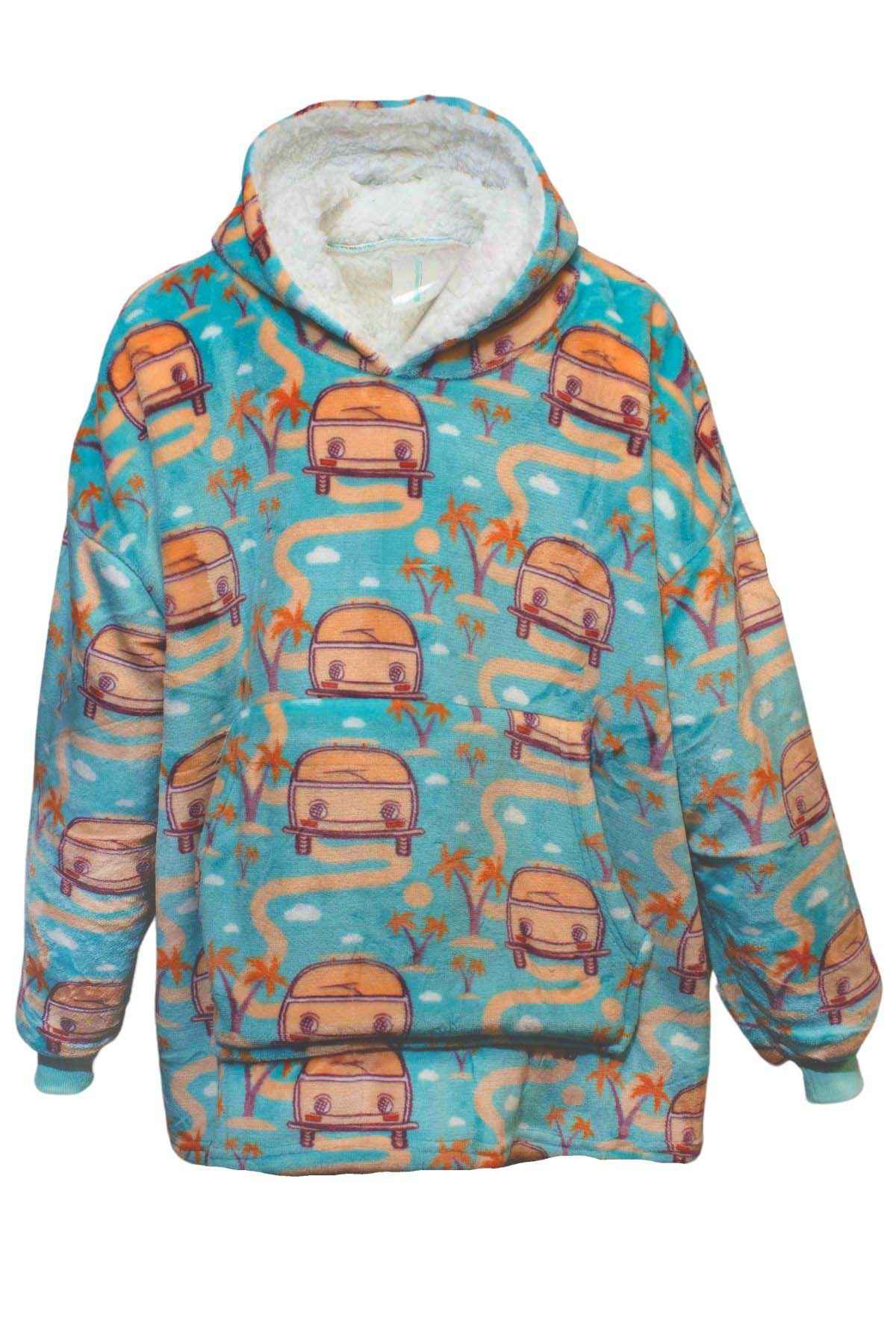 Introducing the Odyssey Kids Snoogie: an oversized hooded blanket sweatshirt adorned with a vibrant print of vintage camper vans, palm trees, and winding roads on a turquoise background. Lined with plush white fleece for ultimate comfort, it also features a cozy kanga pocket to keep little hands warm. Perfect for young snuggle enthusiasts!