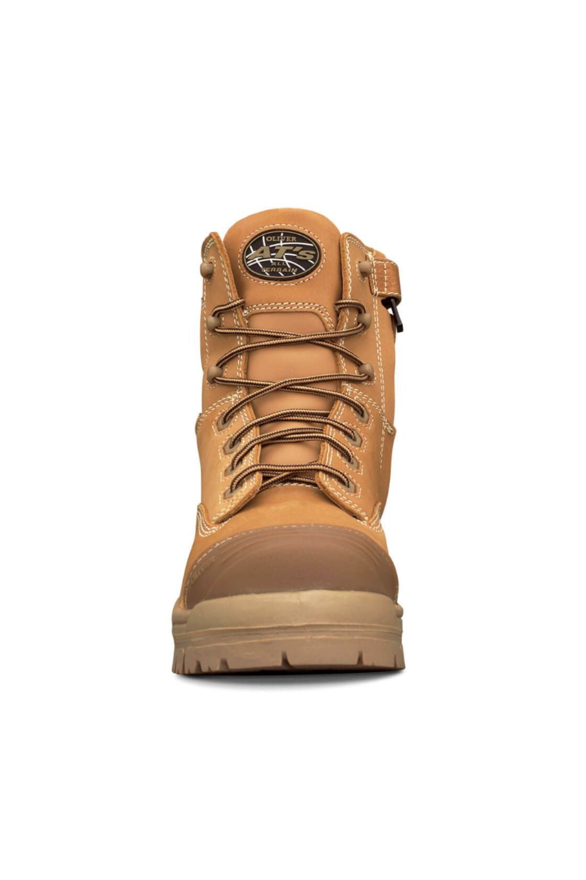Front view of the Oliver AT Composite Toe Zip Side Boot 45632Z in tan, featuring brown laces, a slip-resistant rugged rubber sole, and a logo patch on the tongue, shown against a white background.