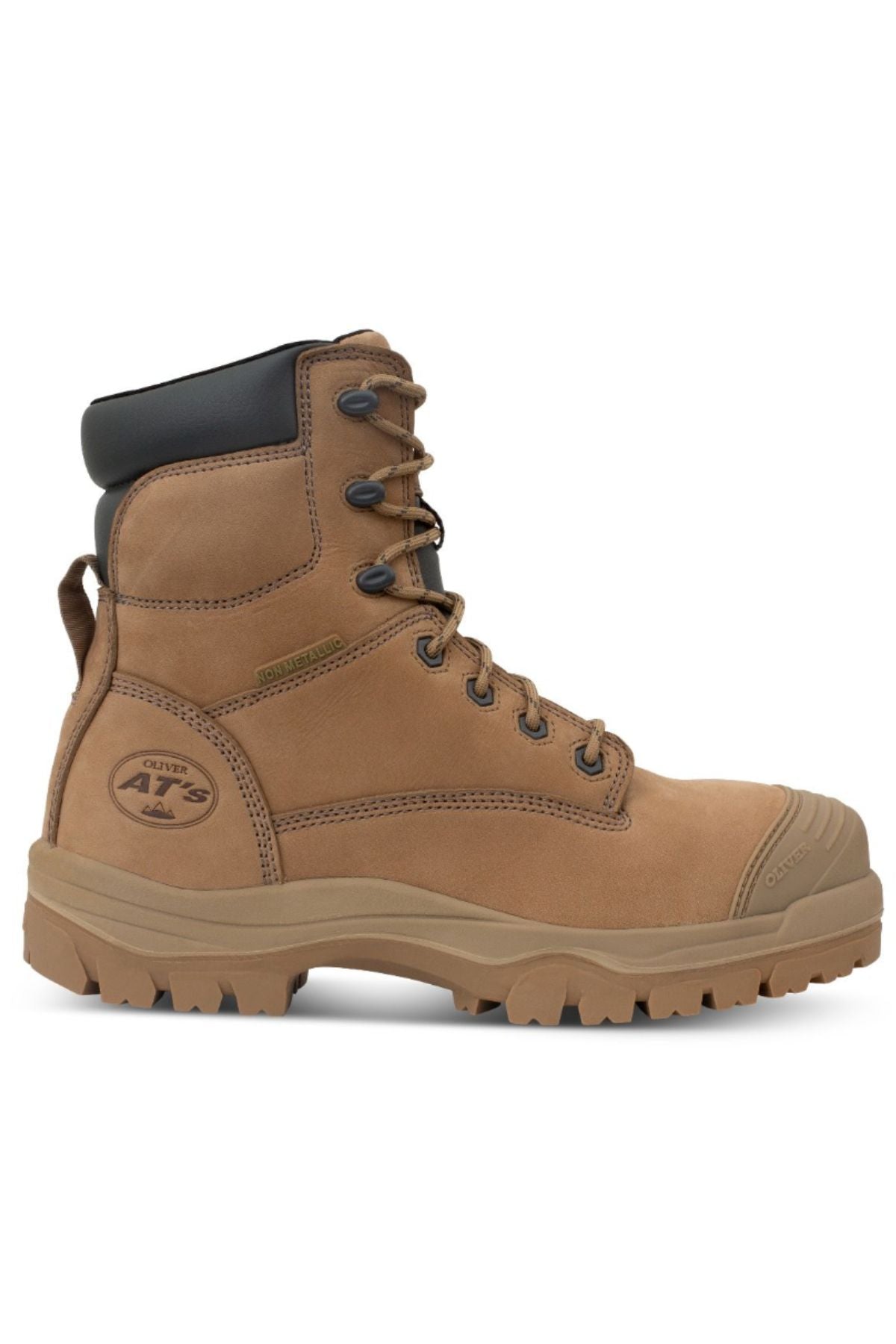 The Oliver AT Zip Sided Boot 45652Z is a tan high-top work boot with a black padded collar, rugged sole, lace-up front, zip side, and reinforced composite safety toe, shown in side profile on a white background.