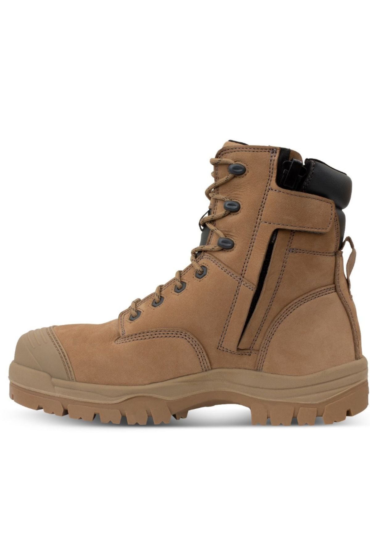 The Oliver AT Zip Sided Boot 45652Z is a tan work boot with a rugged sole, lace-up front, side zipper, black padded collar, and water-resistant nubuck leather. Shown in profile facing left on a white background.