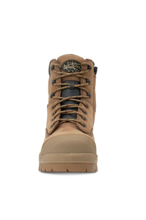 The Oliver AT Zip Sided Boot 45652Z is shown from the front on a white background, featuring a tan lace-up design with metal eyelets, composite toe, rugged sole, and a logo patch on the padded tongue.