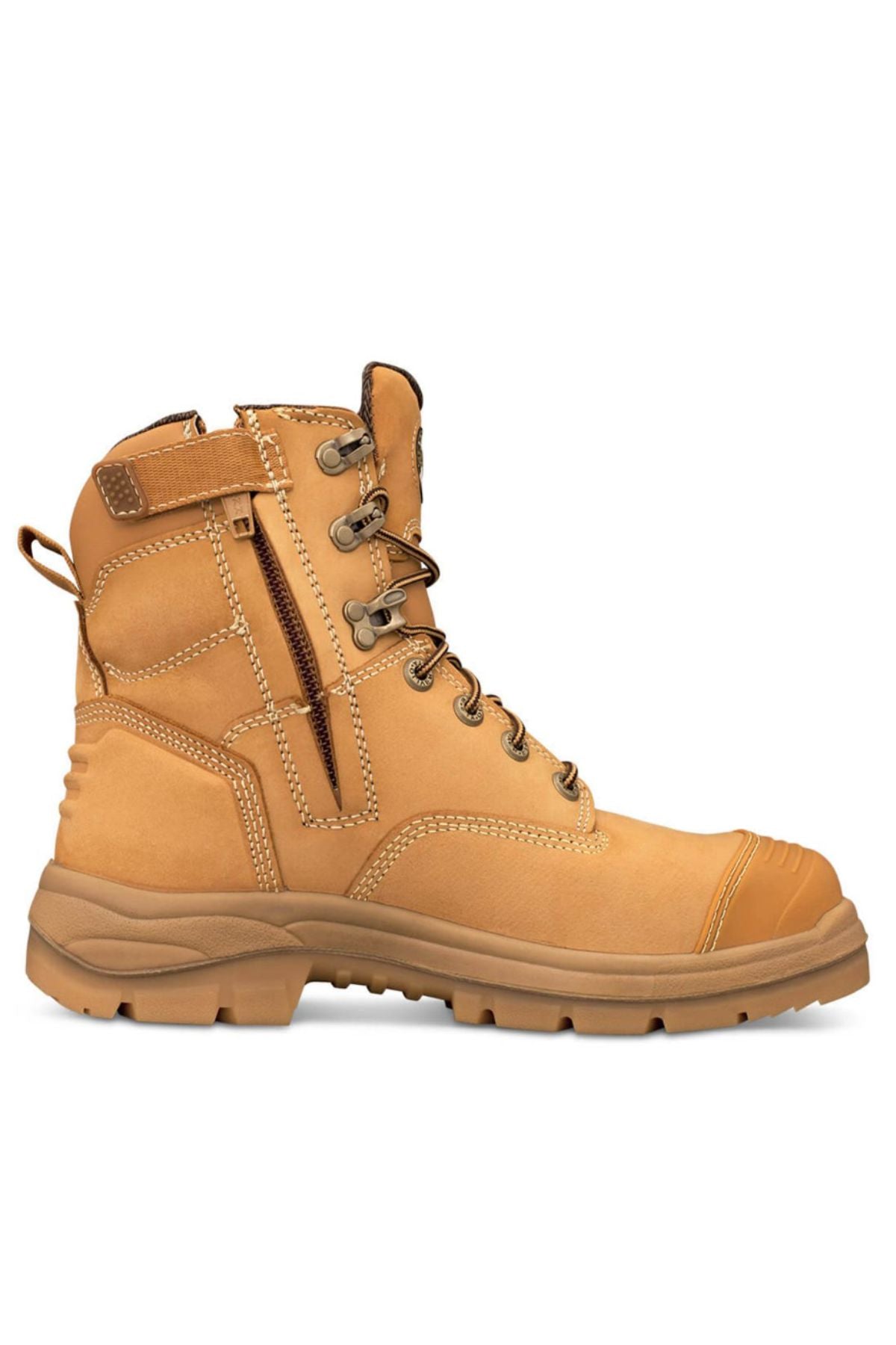 The Oliver AT Lace Up Zip Side Boot 55332Z features a rugged sole, side zipper, lace-up front, padded ankle support, reinforced steel toe, and durable stitching—ideal for those seeking slip-resistant work boots. Shown in profile on white background.