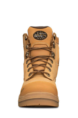 The Oliver AT Lace Up Zip Side Boot 55332Z is shown from the front against a white background, featuring tan leather, brown laces, metal eyelets, reinforced stitching, a thick slip-resistant rubber sole, and a logo patch on the tongue.