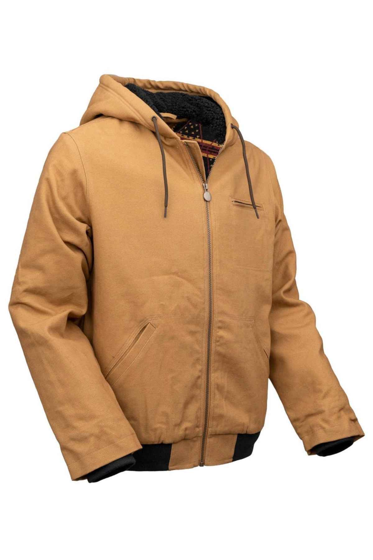 The Outback Canvas Sawbuck Hoodie in tan features water-resistant fabric, a front zipper, black drawstrings, side and chest pockets, black cuffs and hem, plus a comfortable black quilted lining and durable construction.