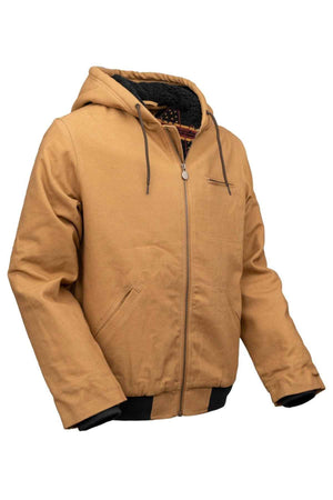 The Outback Canvas Sawbuck Hoodie in tan features water-resistant fabric, a front zipper, black drawstrings, side and chest pockets, black cuffs and hem, plus a comfortable black quilted lining and durable construction.