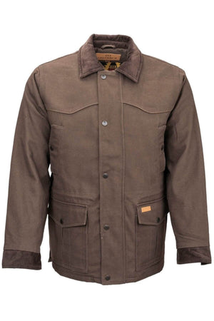 The Outback Cattleman Jacket is a reliable, heavy-duty outdoor essential, featuring a brown exterior with a button-up front. It comes equipped with two spacious waist pockets and two convenient chest pockets. The rugged design is enhanced by its corduroy collar and wrist cuffs, making it an ideal choice for all your adventures.
