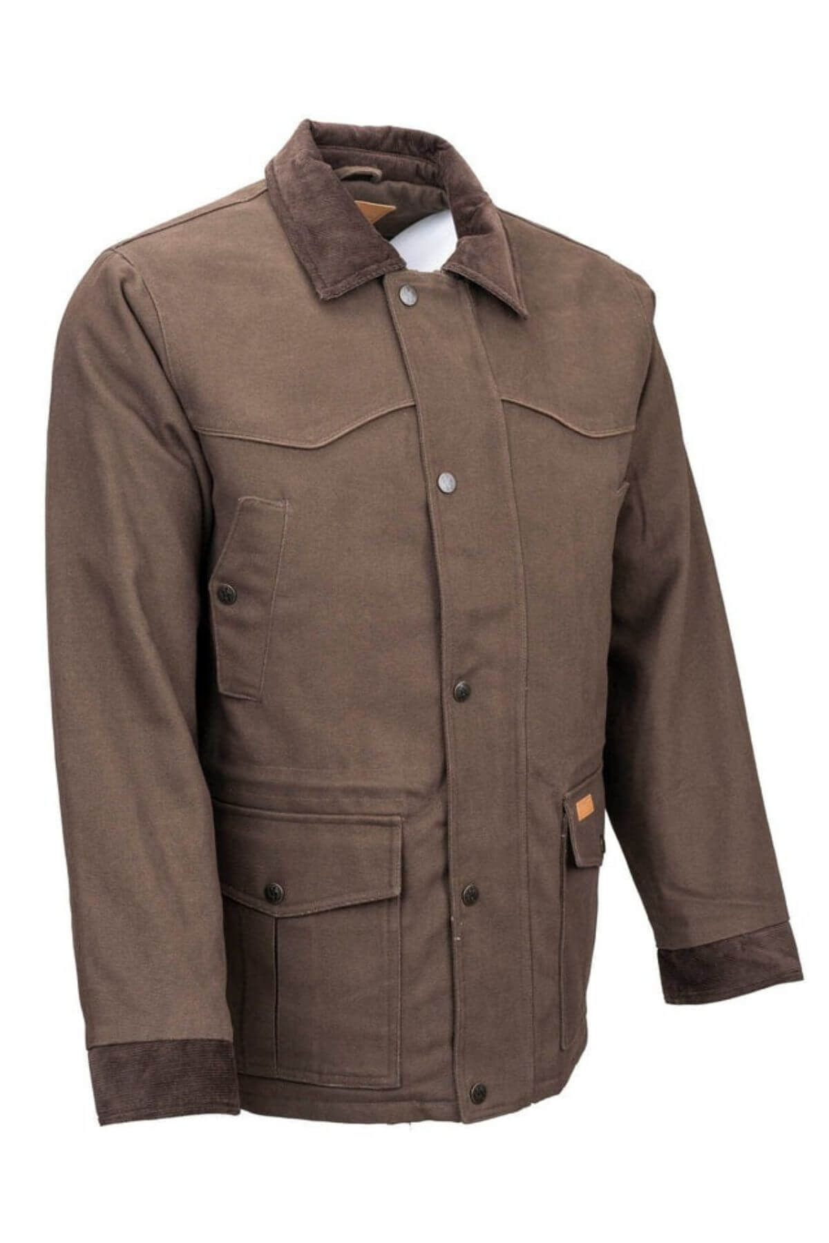 The Outback Cattleman Jacket is a brown button-up with a high collar and multiple pockets. This versatile outdoor jacket features a blend of canvas and suede-like materials, particularly on the collar and cuffs, offering both style and durability to its rugged design.