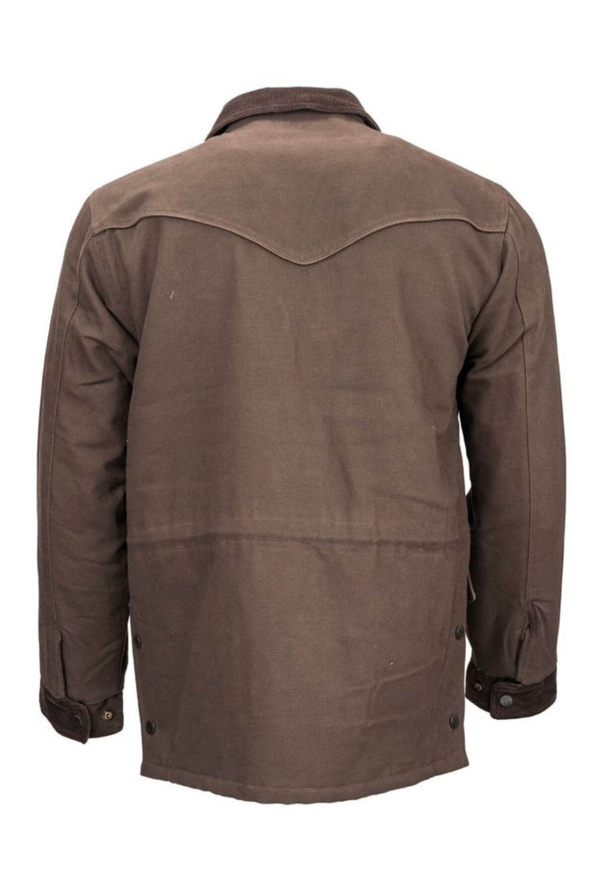 The Outback Cattleman Jacket is shown with its back facing forward, showcasing its dark brown color and long sleeves. The jacket features a yoke design on the shoulders, buttoned cuffs, multiple pockets, and side buttons near the waist. Made from thick and durable material, it's an ideal outdoor companion for cooler weather.