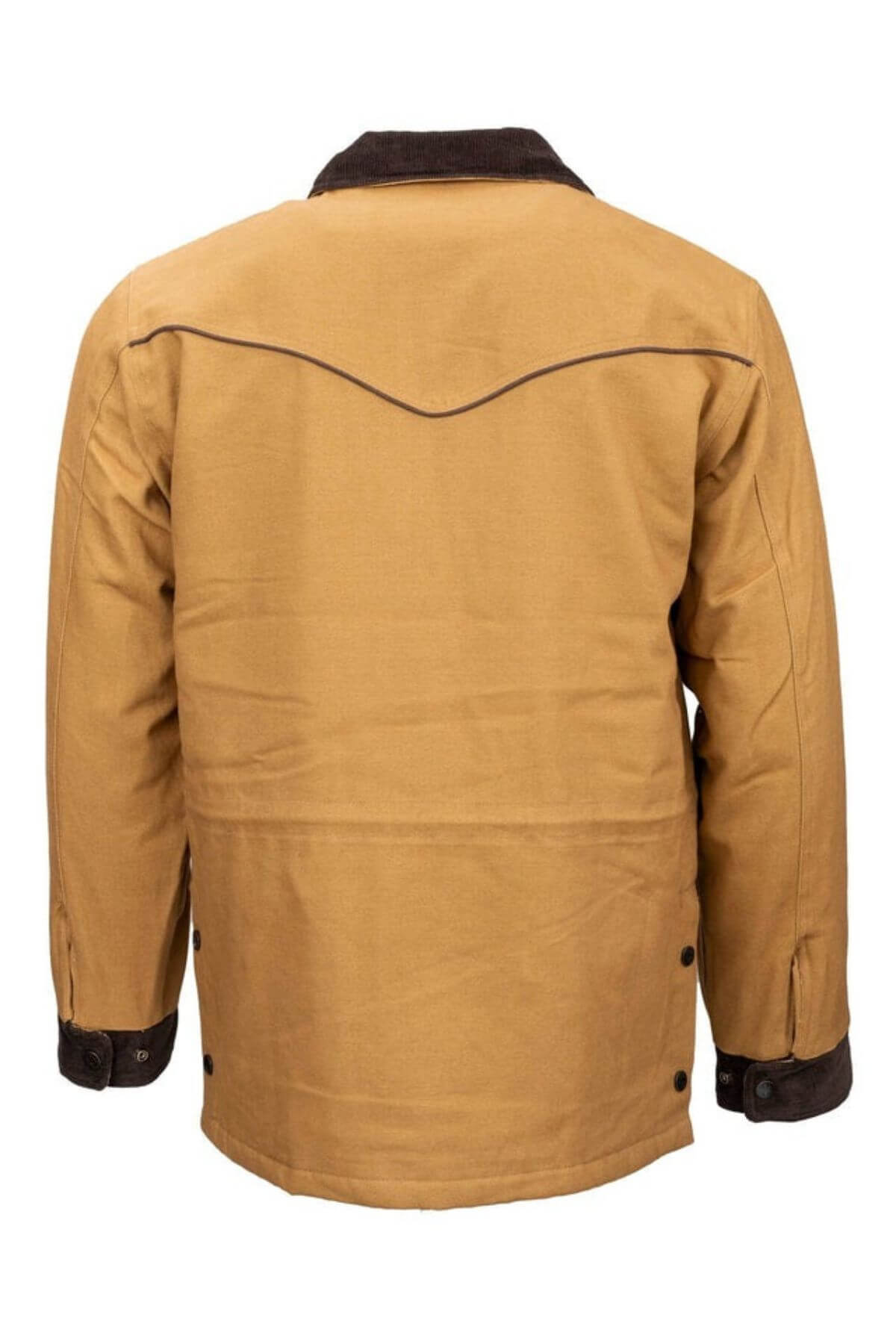 The Outback Cattleman Jacket is ideal for the outdoors with its tan color, long sleeves, dark brown collar, back yoke design, button details on cuffs and sides, and multipurpose pockets.