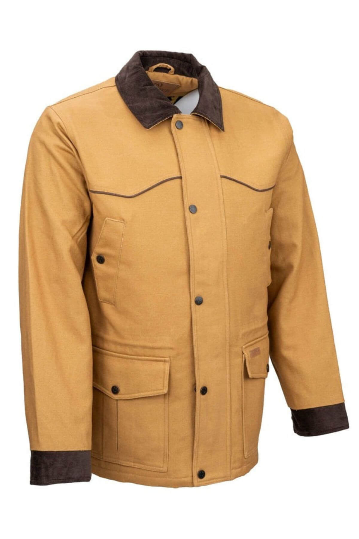 The Outback Cattleman Jacket, in tan with dark brown collar and cuffs, features a button-up front, two large flap pockets, and two breast pockets with button closures. Dark trim accents the seams and pockets for enhanced durability, making it your perfect outdoor companion.