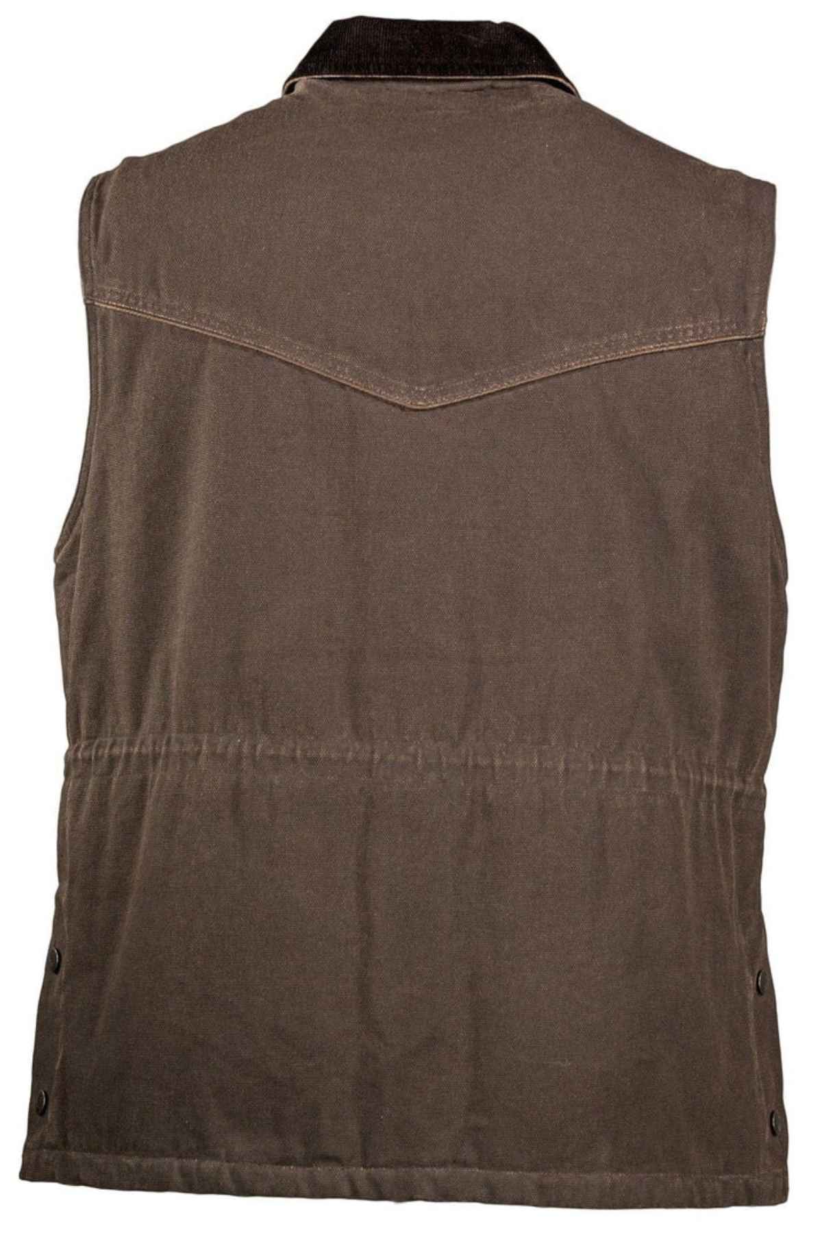 The Outback Cattleman Vest, viewed from the back, showcases a khaki color with a pointed yoke at the shoulders and an adjustable waistband. This functional yet stylish vest features a collar made of a different, possibly softer material and includes buttons on the side near the hem.