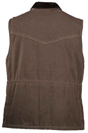 The Outback Cattleman Vest, viewed from the back, showcases a khaki color with a pointed yoke at the shoulders and an adjustable waistband. This functional yet stylish vest features a collar made of a different, possibly softer material and includes buttons on the side near the hem.