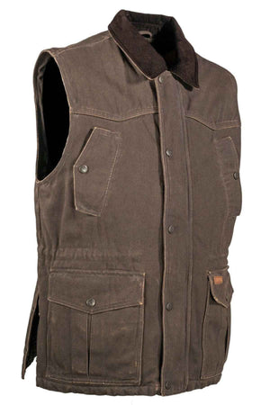 The Outback Cattleman Vest is a rugged, dark brown sleeveless vest made of sturdy material, featuring a corduroy collar, buttoned front closure, two chest pockets with button flaps, and two lower front pockets. It offers both functionality and style for any adventure.